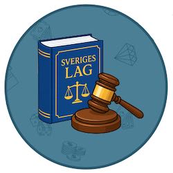 Rund bild som innehåller en tecknad bild på en domarklubba och den svenska lagboken. Bilden ska illustrera regler och lagar kring spel i Sverige.