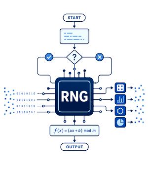 Illustration av ett flödesschema för en algoritm där en central processor med texten RNG tar emot binär data och skickar ut slumpmässiga resultat.