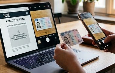 En kvinna sitter vid ett köksbord och verifierar sitt konto på ett onlinecasino för att casinot ska kunna fullfölja kyc. På en bärbar dator syns en webbsida med den svenska texten "Kontoverifiering" och instruktioner för att ladda upp en identitetshandling. Kvinnan håller ett fysiskt körkort eller ID-kort i ena handen och använder sin mobiltelefon för att fotografera kortet och ladda upp bilden.