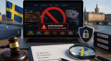 Illustration av en blockerad olicensierad spelsajt på en laptop. I bilden syns också en svensk flagga, domarklubba, säkerhetssymboler och dokument.