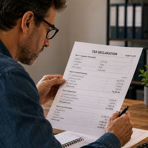 En man sitter vid ett skrivbord och granskar en deklaration vid en KYC-kontroll av en spelare