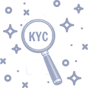 Clipartbild av ett förstoringsglas över texten KYC, omgivet av stjärnor och prickar