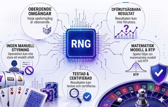 En infografik på svenska som förklarar vilka säkerhetsfunktioner en slumpgenerator (RNG) fyller i casinospel.