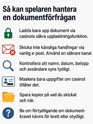 Lista med tips på hur en spelare kan agera vid en dokumentförfrågan vid KYC-kontroll.