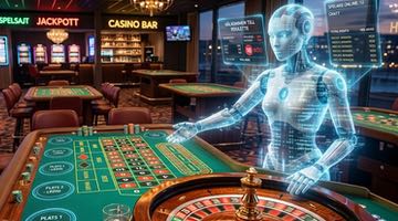 En futuristisk AI-avatar i form av ett lysande hologram fungerar som dealer vid ett roulettebord i en studio för livespel online.