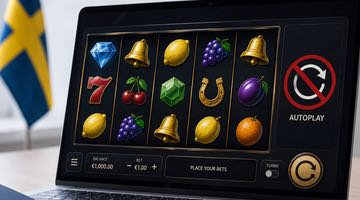 Bild på en surfplatta där någon spelar på en spelautomat där autoplay-knappen är överkryssad. Bilden ska signalera att autoplay-funktionen inte erbjuds.