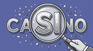En tecknad illustration som visar ordet "CASINO" i stora, gnistrande, metallfärgade silverbokstäver mot en lila-blå bakgrund. En hand i en handske håller ett stort förstoringsglas som är placerat över bokstäverna "S" och "I" i ordet casino.
