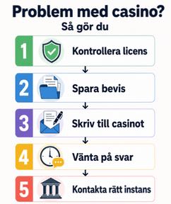 Infografik som visar fem steg vid problem med ett casino: kontrollera licens, spara bevis, skriv till casinot, vänta på svar och kontakta rätt instans.