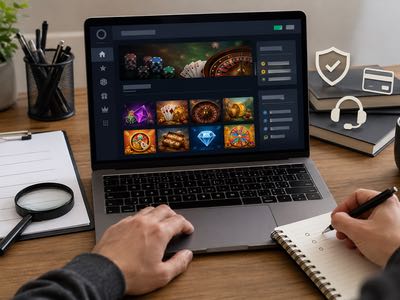 Person sitter vid ett skrivbord och granskar ett onlinecasino på en laptop och gör anteckningar till en casinorecension.