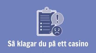 Illustration med texten ”Så klagar du på ett casino” och symboler för klagomål och missnöje.