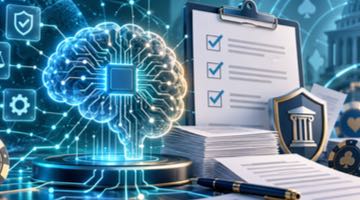 Illustration av artificiell intelligens med digital hjärna, dokument, checklista och symboler för reglering och säkerhet.