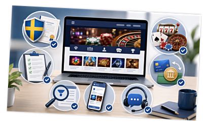 Illustration av hur Casinosnack granskar casinon utifrån svensk spellicens, villkor, spelutbud, betalningar, mobilfunktioner och support.