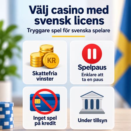 Illustration av fördelar med casino med svensk licens: skattefria vinster, Spelpaus, förbud mot spel på kredit och tillsyn av svensk myndighet.