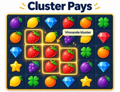 Illustration av en slot med Cluster Pays där sammanhängande jordgubbssymboler bildar ett vinnande kluster på spelplanen.
