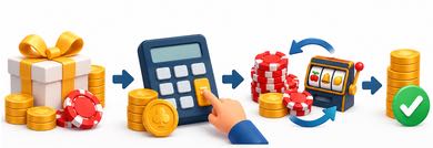 Illustrasjon av prosessen fra casinobonus og beregning av omsetningskravet til spill med bonuspenger og et oppfylt omsetningskrav.