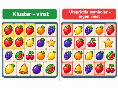 Illustration som visar skillnaden mellan ett vinnande kluster med fem sammanhängande jordgubbar och fem utspridda symboler som inte ger vinst.