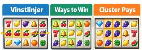 Illustration som jämför hur vinster bildas i slots med traditionella vinstlinjer, Ways to Win och Cluster Pays.